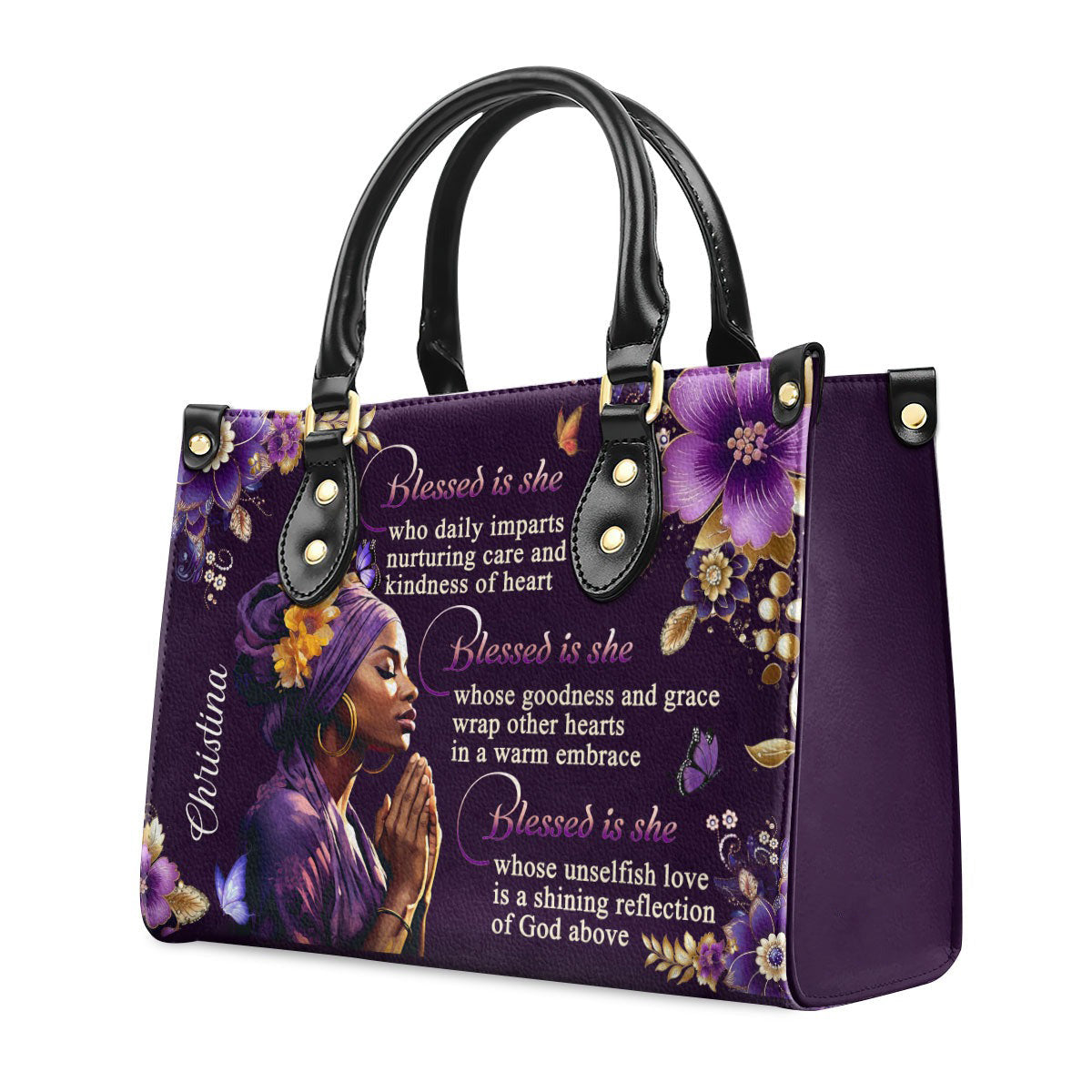 Personalized Christian Leather Handbag, Blessed Is She Custom Name Purse, Faith Prayer Bible Verse Tote for Women BLAF29